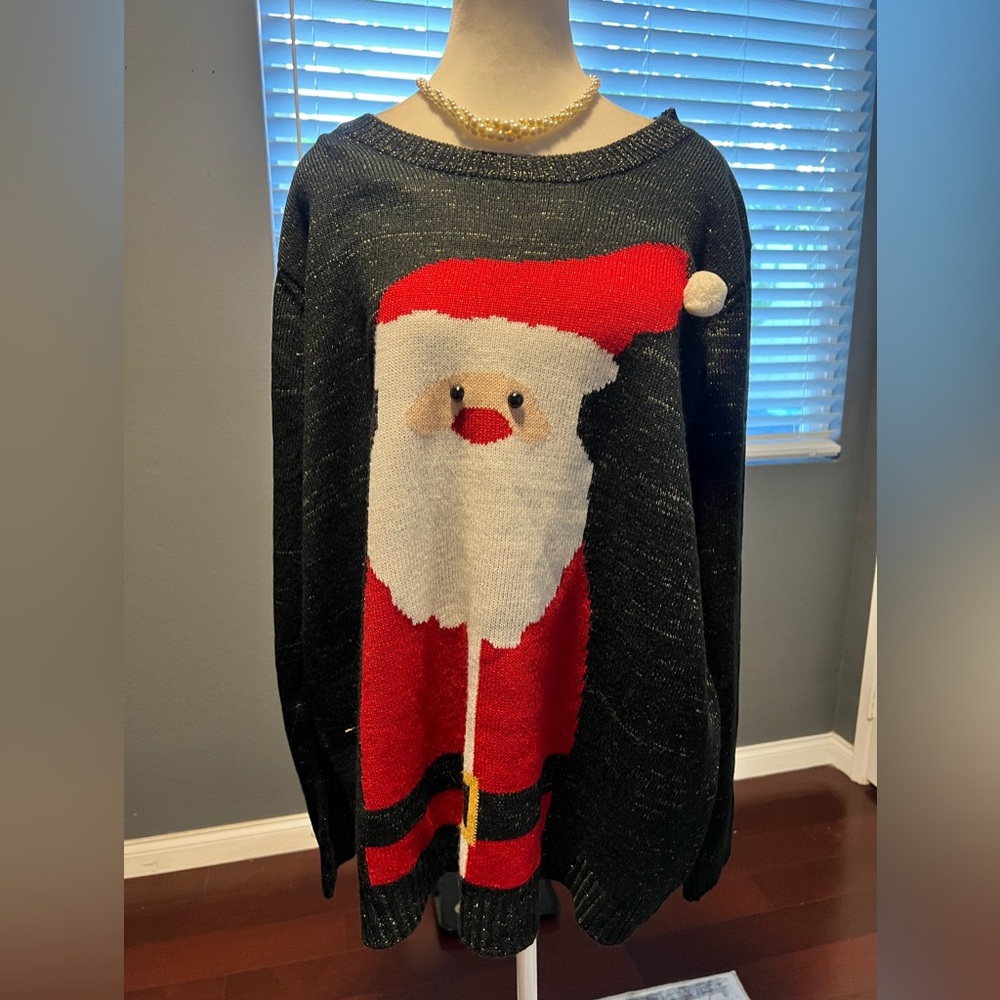 Holiday Time Black Santa Sweater Cardigan . EUC